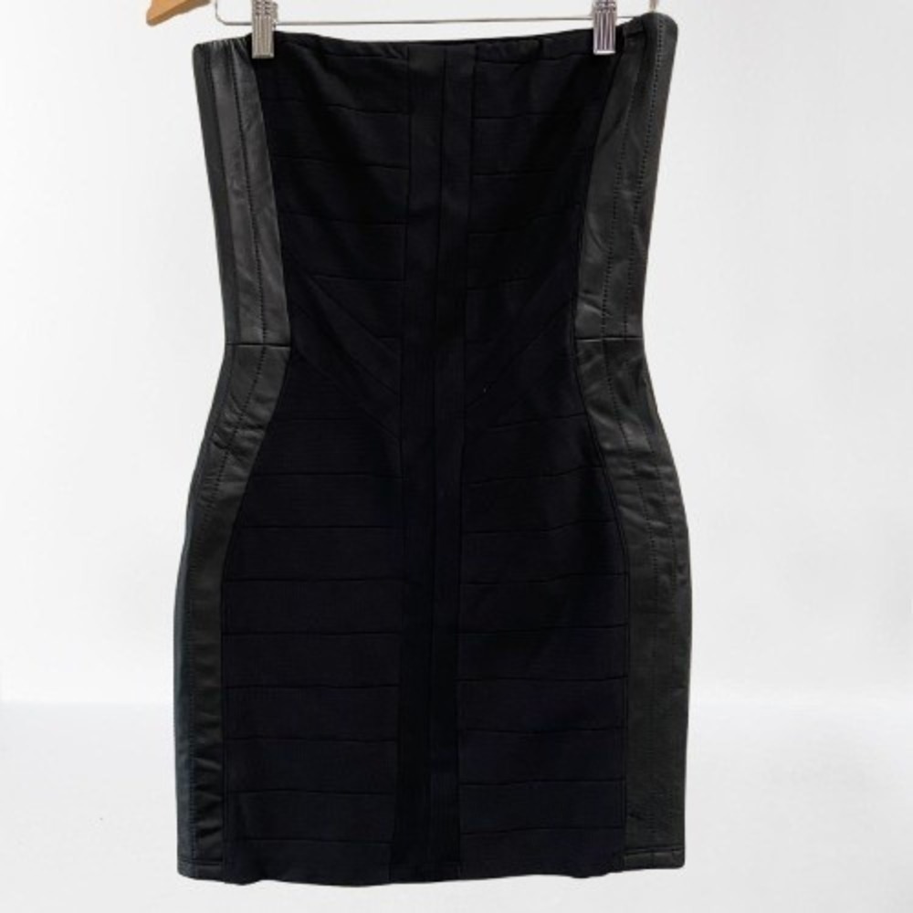 Sky Bodycon Leather Trim Sexy Black Strapless Mini Dress Lined NEW Large